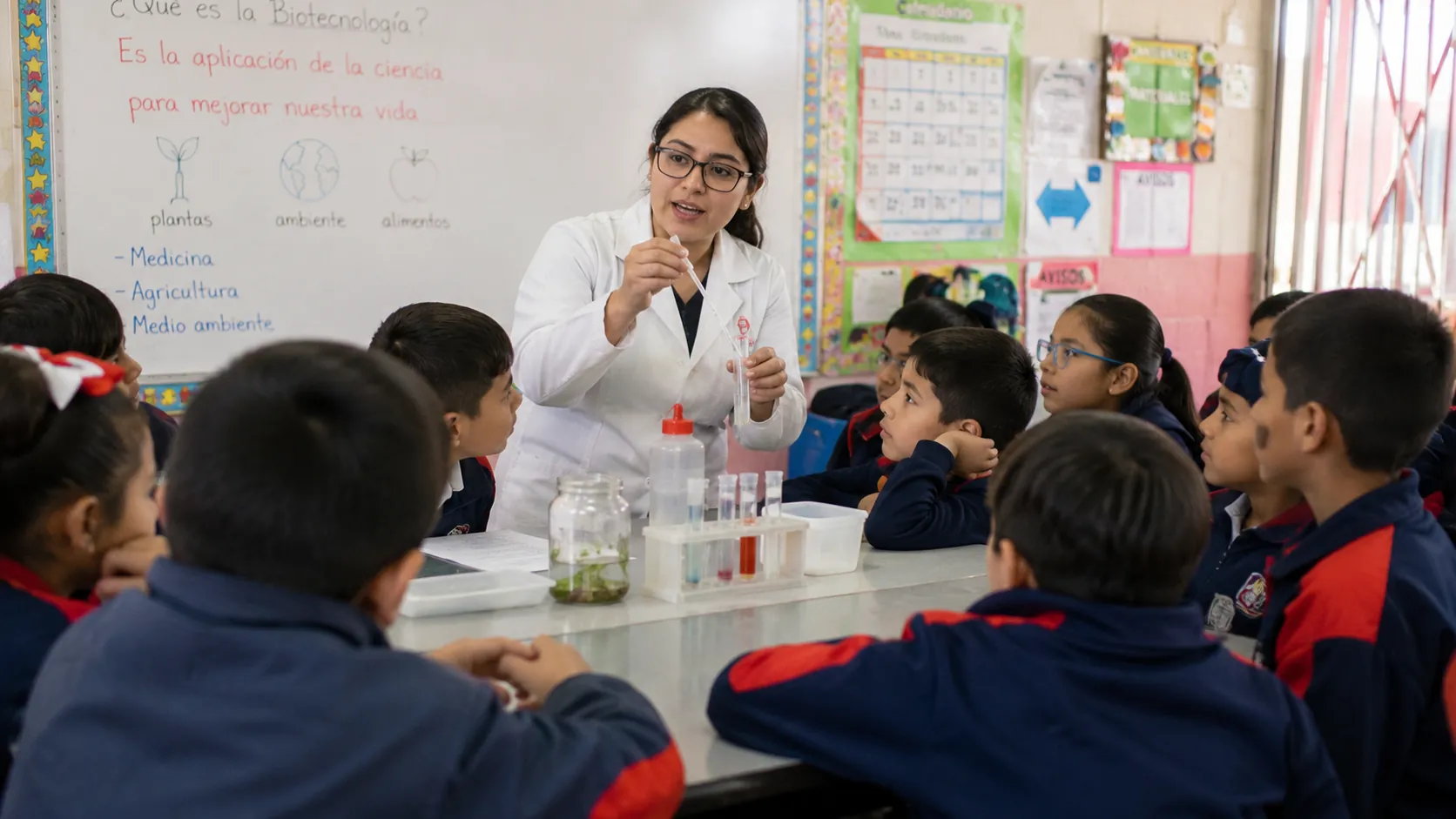 Científica de Satvalis impartiendo un taller de biotecnología a alumnos de primaria