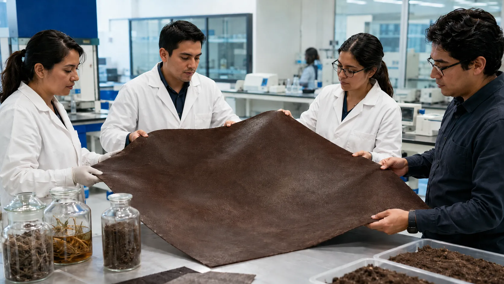 Especialista de Satvalis analizando el suelo junto a dos productores de agave