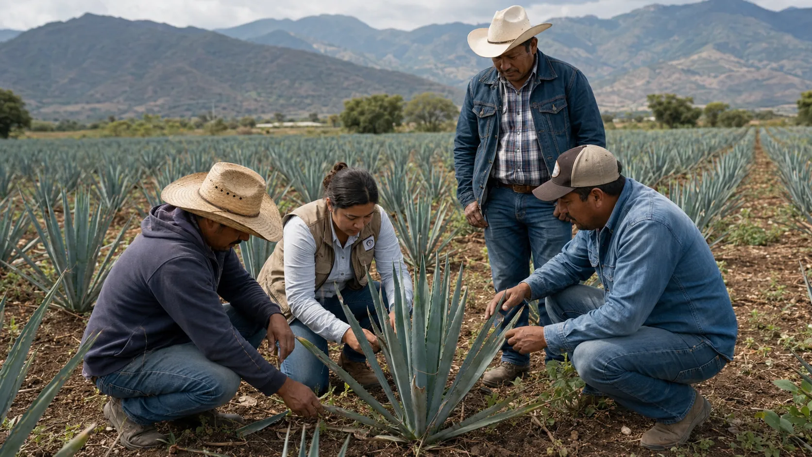 Equipo técnico de Satvalis y productores revisando una planta de agave en campo para seleccionar material